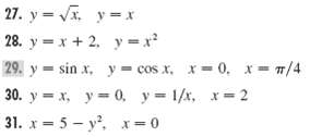 27. y = V. y = x 28. y = x + 2. y = x? 29. y = sin x, y = cos x, x= 0. x= 7/4 30. y = x, y= 0, y 1/x, x 2 31. x = 5 - y.