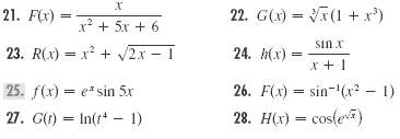 22. G(x) = V(1 + x*) 21. F(x) x2 + 5x + 6 23. R(x) = x + V2x - 1 sin x 24. h(x) = 26. F(x) = sin-'(x - 1) 28. H(x) = cos