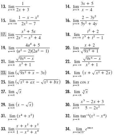 1 13. lim - 2x + 3 3x + 5 14. lim 1- x-x 2 - 3y 5y? + 4y * +2 15. lim --* 21 - 7 16. lim x' + 5x 17. lim- 1 2x - x? + 4 