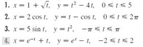 1. x=1 + vi. y= r - 41. 0<IS 5 2. x= 2 cos t, y-t-cos t, 0s1 27 3. x= 5 sin t. y= r. -7sIST 4. x=e + t. y= e - 1, -2 <I<