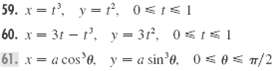 59. x= t. y = , 0sI<1 60. x = 3t – r'. y = 3r, 0s1 I 61. x = a cos'e. y = a sin'e. 0s e < n/2 