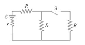 Three equal resistors (R) are connected to a battery as