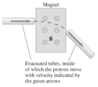 Magnet Evacuated tubes, inside of which the protons move with velocity indicated by the green arrows 