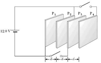 Four parallel metal plates P1, P2, P3