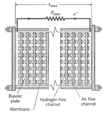 Ltack Estack www Bipolar plate Air flow channel Hydrogen flow channel Membrane 