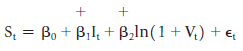 S = Bo + B,l, + B,ln(1+V,) + e 