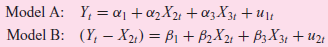 Model A: Y, 3 aj t azX + asXзr + uln Model B: (Y, — Ху) — Ві + В2Х, + BзХу, + иz 