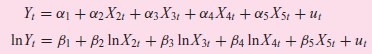 Y; = a1 + a2X21 +azX3 + ¤4X4 + as X5t + u; In Y, = B1 + B2 InX2 + B3 In X34 + B4 In X4, + B5 X51 + u; 