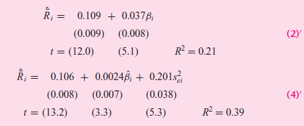 0.109 + 0.037ßi Ri %3D (0.009) (0.008) (2) R² = 0.21 t = (12.0) (5.1) Ř; = 0.106 + 0.0024ß; + 0.201s, (4) (0.008) (0