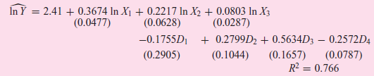 În Y = 2.41 + 0.3674 In X1 + 0.2217 In X2 + 0.0803 In X3 (0.0287) (0.0477) (0.0628) -0.1755D (0.2905) + 0.2799D2 + 0.56