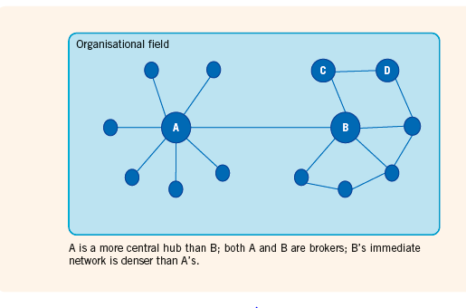 Organisational field DI A is a more central hub than B; both A and B are brokers; B's immediate network is denser than A