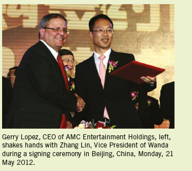 Gerry Lopez, CEO of AMC Entertainment Holdings, left, shakes hands with Zhang Lin, Vice President of Wanda during a sign