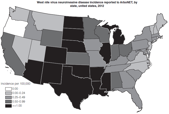 West nile virus neurolnvasive disease incidence reported to ArboNET, by state, united states, 2012 Incidence per 100,000