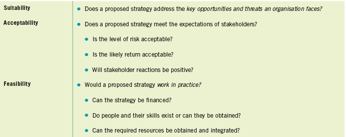 Does a proposed strategy address the key opportunities and threats an organisation faces? Suitability Does a proposed st