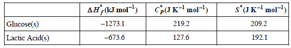 Cp(J K-- mol-) s°(JK- mol-) AH,kJ mol) -1273.1 219.2 209.2 Glucose(s) Lactic Acid(s) -673.6 127.6 192.1 
