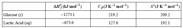 Cp(JK-- mol!) s°(J K-l mol-1) AH; (kJ mol) Glucose (s) Lactic Acid (aq) 209.2 219.2 -1273.1 -673.6 127.6 192.1 