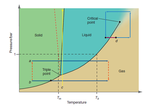 Critical - point Liquid Solid Triple point Gas Tm Temperature Ть Pressure/bar 