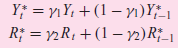 Y; = y1 Y, + (1 – yı)Y²_1 R; = y2 R, + (1 – 2)R;_1 %3D 