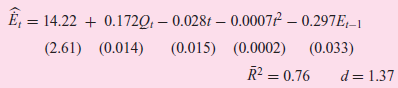 Ė, = 14.22 (2.61) (0.014) + 0.172Q, – 0.028t – 0.00072 – 0.297E,–1 (0.015) (0.0002) (0.033) R² = 0.76 d = 1.37