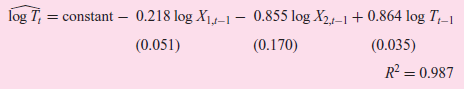 log T, = constant – 0.218 log X1,-1- 0.855 log X2,-1+ 0.864 log T,-1 (0.170) %3D (0.035) (0.051) R? = 0.987 