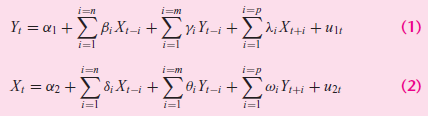 i=p i=n ΣΑΜΣΣ Y; = a1 +Bi X,-i +£rnY,-i + > ^;X+i + U1t (1) i=l i=l i=l i=m i=p i=n (2) X; = a2 +)8; X,-i+> 0;Y;-i
