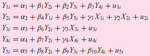 |Yli = a1 + B1 Y2i + B2Y3¡ + B3Y4¡ + U ]i | Y2i = a2 + B4Y1; + B3 Ysi + yı X1i + y2X2i + u2i Y3i = a3 + B6 Y2i + Y3X3