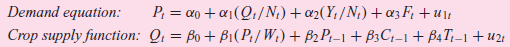 Demand equation: P: = a0 + ai(Q:/N,) + «2(Y; /N;) + az F; + u! Q, = Bo + B1(P:/W;)+ B2 P;–1 + B3C;-1+ B4T;–1+u2: Cr