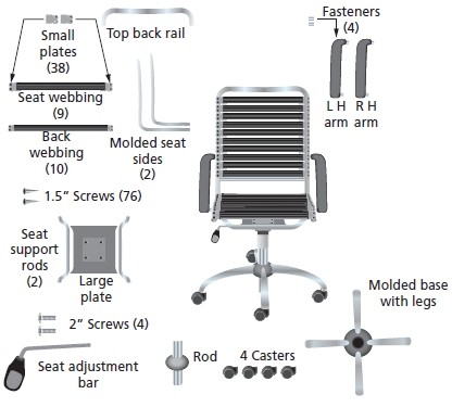 Fasteners (4) Top back rail Small plates (38) Seat webbing (9) LH RH arm arm Back Molded seat sides (2) webbing (10) E 1