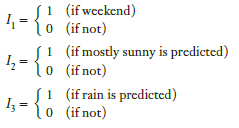 (if wcckend) o (if not) 1 (if mostly sunny is predicted) 0 (if not) 4 = {0 1:-{: 4-{ I, (if rain is predicted) 0 (if not