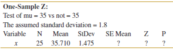 One-Sample Z: Test of mu = 35 vs not = 35 The assumed standard deviation = 1.8 Variable SE Mean N Mean StDev 25 35.710 1