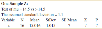 One-Sample Z: Test of mu = 14.5 vs > 14.5 The assumed standard deviation = 1.1 Mean 16 15.016 1.015 Variable N StDev SE 