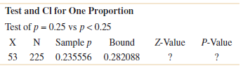 Test and CI for One Proportion Test of p = 0.25 vs p<0.25 N Sample p 53 225 0.235556 0.282088 Z-Value P-Value ? Bound х