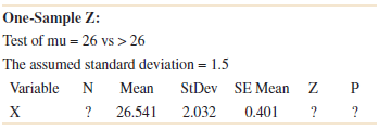 One-Sample Z: Test of mu = 26 vs > 26 The assumed standard deviation = 1.5 Variable StDev SE Mean Z Mean ? 26.541 2.032 