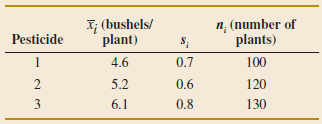 X; (bushels/ plant) n, (number of plants) Pesticide 1 4.6 0.7 100 2 3 5.2 0.6 120 130 6.1 0.8 
