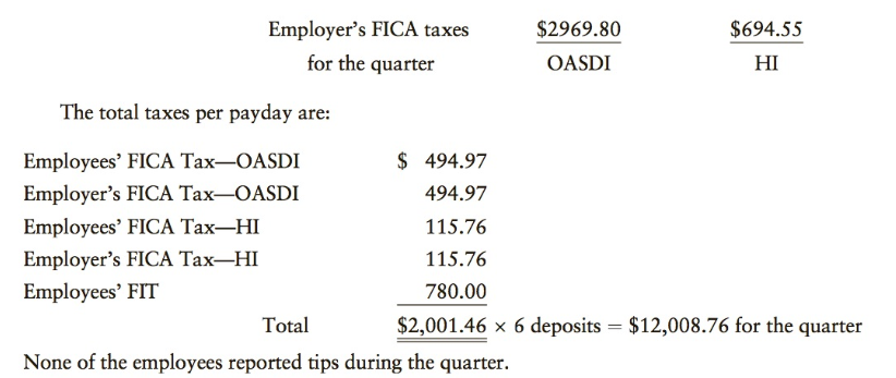 Employer's FICA taxes $2969.80 $694.55 for the quarter OASDI HI The total taxes per payday are: Employees' FICA Tax-OASD