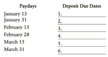 Paydays Deposit Due Dates January 13 January 31 February 15 February 28 1. 2. 3. 4. March 15 5. March 31 6. 