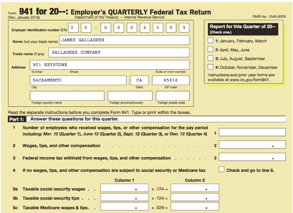 Form 941 for 20--: Employer's QUARTERLY Federal Tax Return (Rev. January 2016) Department of the Treasury – Internal R