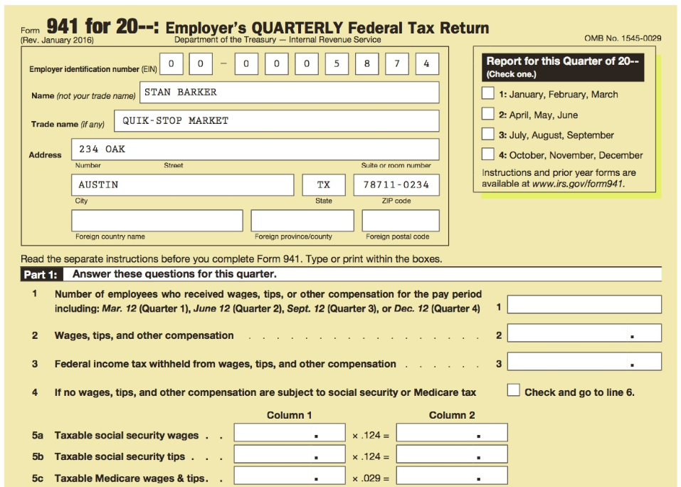 941 for 20--: Employer's QUARTERLY Federal Tax Return (Rev. January 2016) Form Department of the Treasury – Internal R