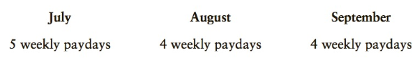 July August September 5 weekly paydays 4 weekly paydays 4 weekly paydays 