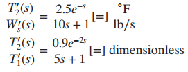 T,(s) °F 2.5e-s W;(s)¯ 10s +1 T(s) 0.9e-2s T{(s) [=] Ib/s -[=] dimensionless 5s + 1 