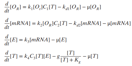 IOR) = k,[0,]C,[T] – kj[OR] – H[Og] dt IMRNA] = k,[OR]C_[T] – k„[MRNA] – µ[MRNA] dt [E] = k½[MRNA] – µ[E]
