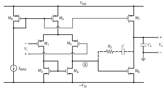The Miller-compensated two-stage op amp in Fig. 9.25 can be