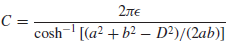 2ле cosh- [(a² +b² – D²)/(2ab)] 