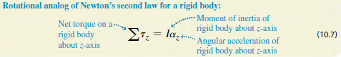 Rotational analog of Newton's second law for a rigid body: Moment of inertia of rigid body about z-axis Angular accelera
