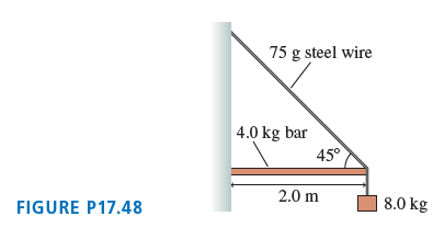 75 g steel wire 4.0 kg bar 45° 2.0 m 8.0 kg FIGURE P17.48 