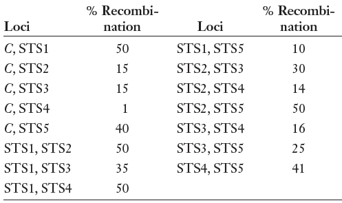 % Recombi- % Recombi- nation Loci Loci nation C, STS1 C, STS2 C, STS3 STS1, STS5 50 10 STS2, STS3 15 30 15 STS2, STS4 14