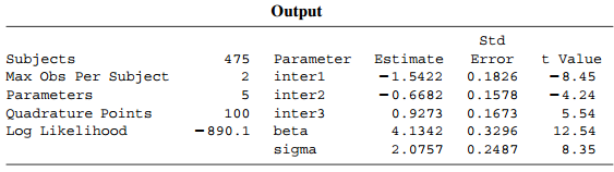 Output Std Subjects Max Obs Per Subject Parameters Quadrature Points Log Likelihood Estimate -1.5422 475 Error t Value P