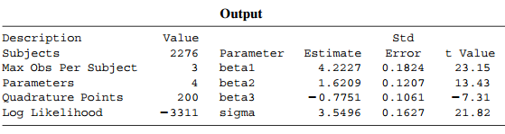 Output Description Subjects Max Obs Per Subject Value Std Error 0.1824 Parameter betal beta2 beta3 Estimate 4.2227 1.620