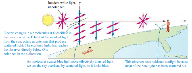 Incident white light, y unpolarized *- Electric charges in air molecules at O oscillate in the direction of the E field 
