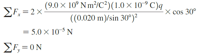 (9.0 × 10° Nm²/C²)(1.0 × 10-° C)q ((0.020 m)/sin 30°)? X cos 30° EF, = 2x = 5.0 × 10-5 N Σ F,= 0 N 